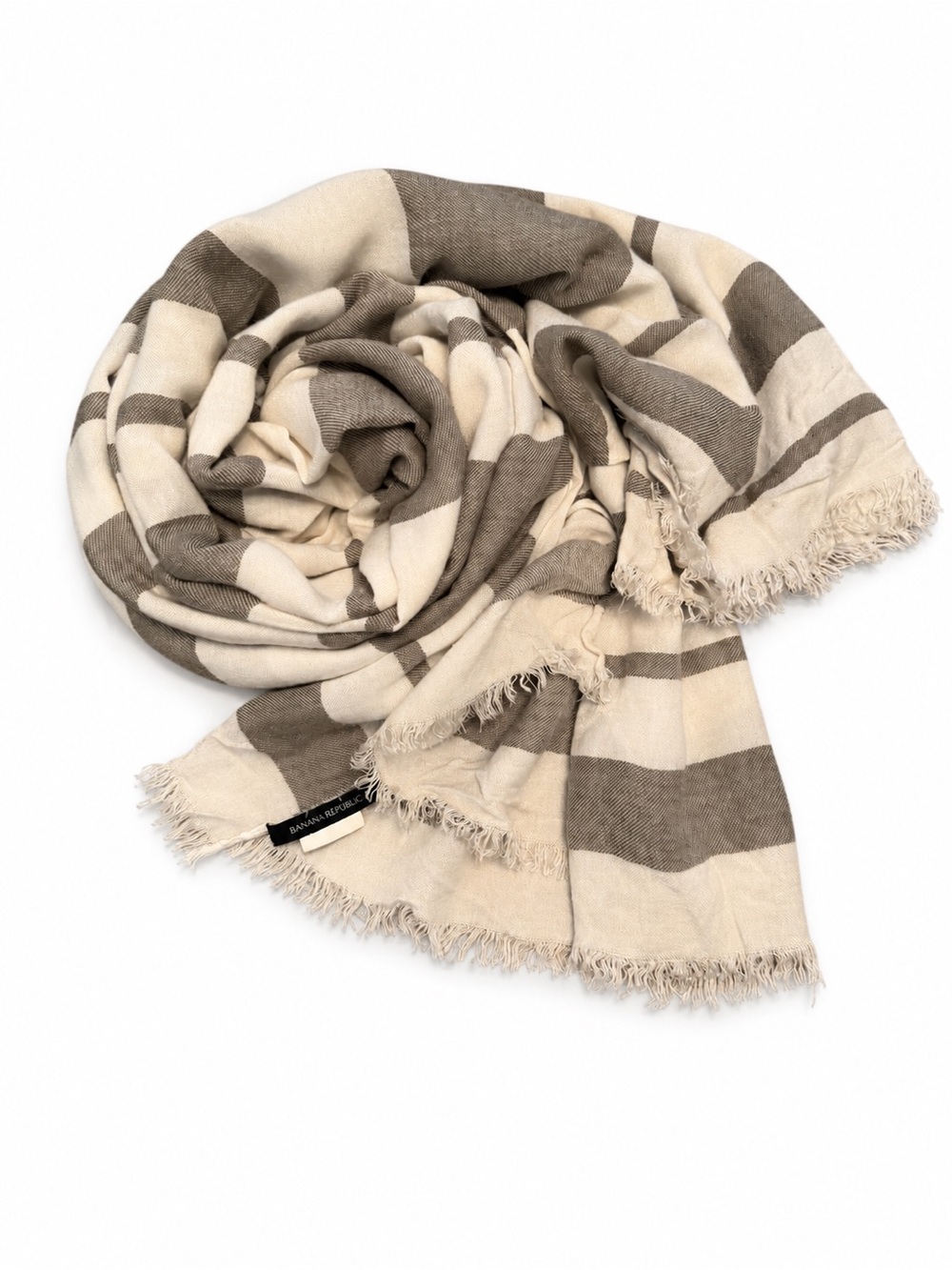 Banana Republic Oversized Cream Taupe Striped Fringe Scarf Wrap - Picture 3 of 4